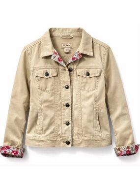 LL Bean Khaki Utility Chore Jacket Cotton Button Front Floral Cuffs Size S